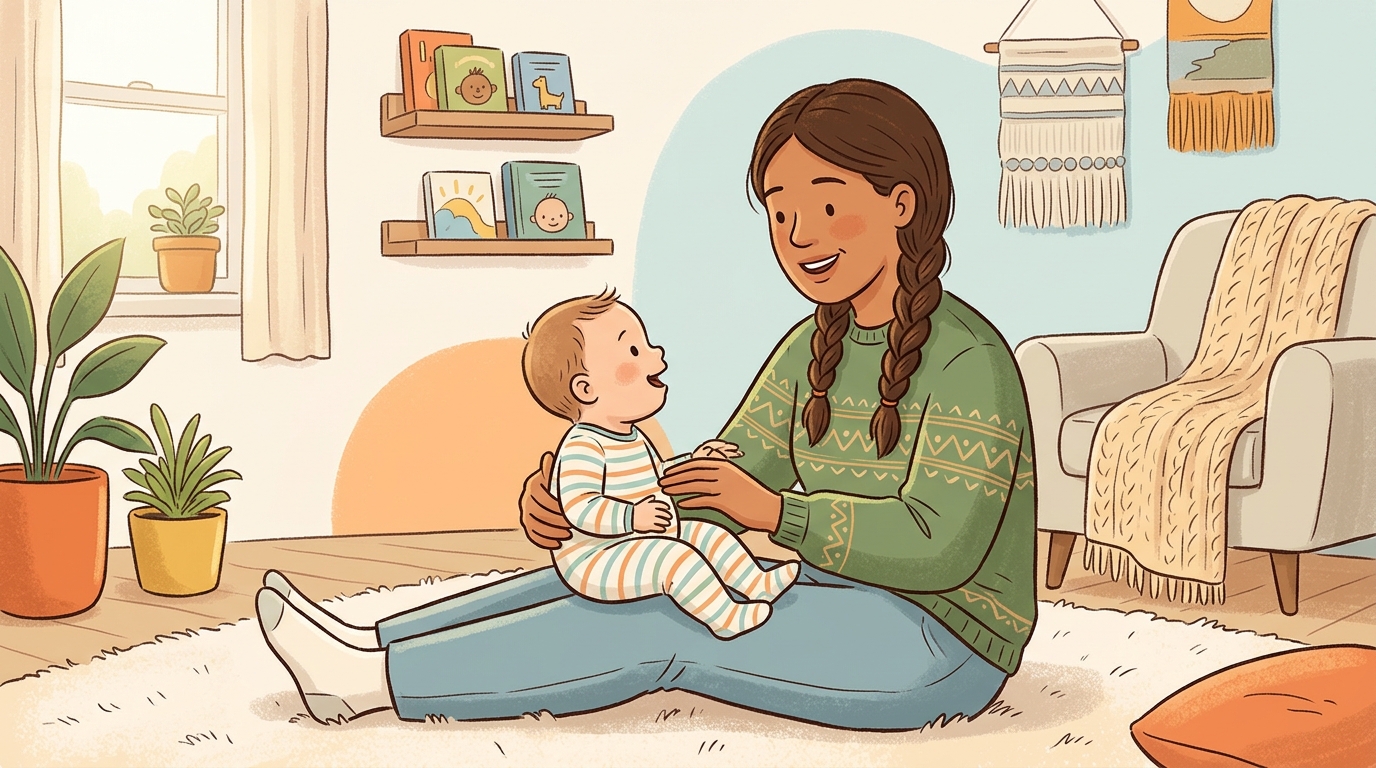 Cartoon illustration of a parent and child at home doing Anticipation Song.