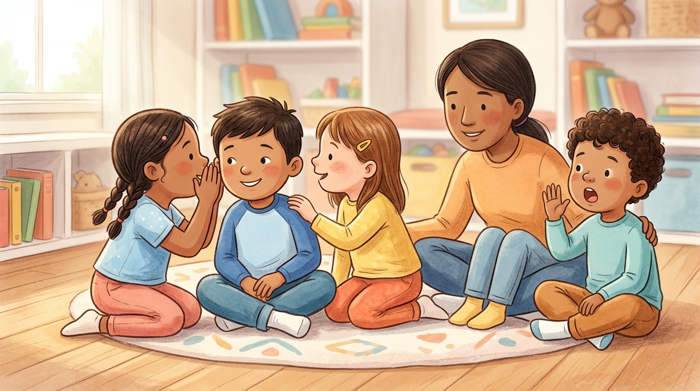Cartoon illustration of a parent and child at home: a whispered message passes down a line and everyone laughs at how it changed by the end.