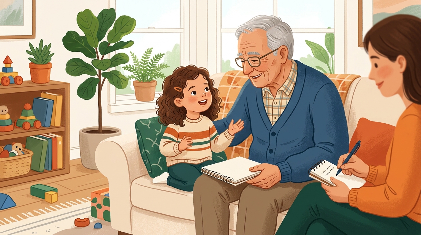 Cartoon illustration of a parent and child at home doing Grandparent Question Book.