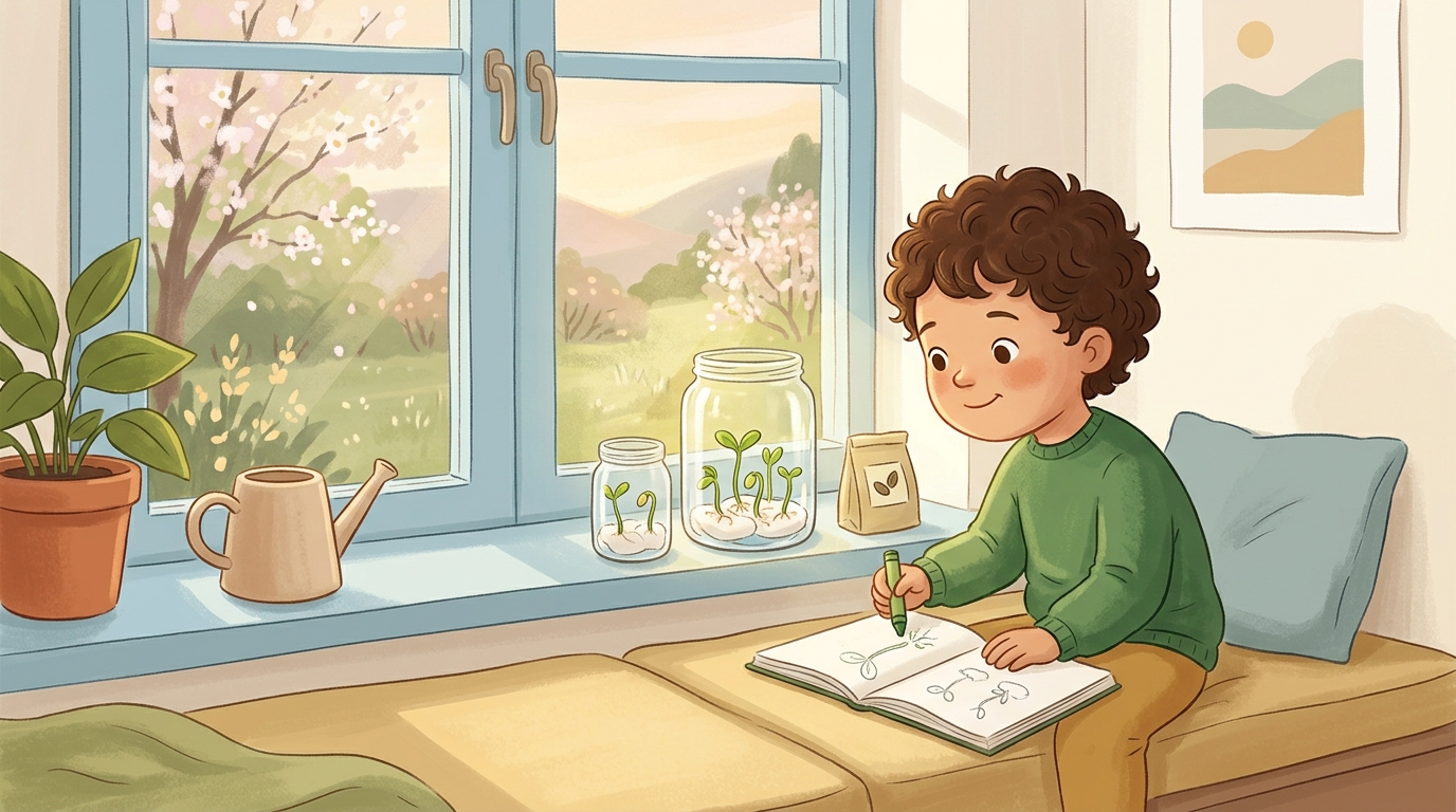 Cartoon illustration of a parent and child at home doing Sprouting Jar.