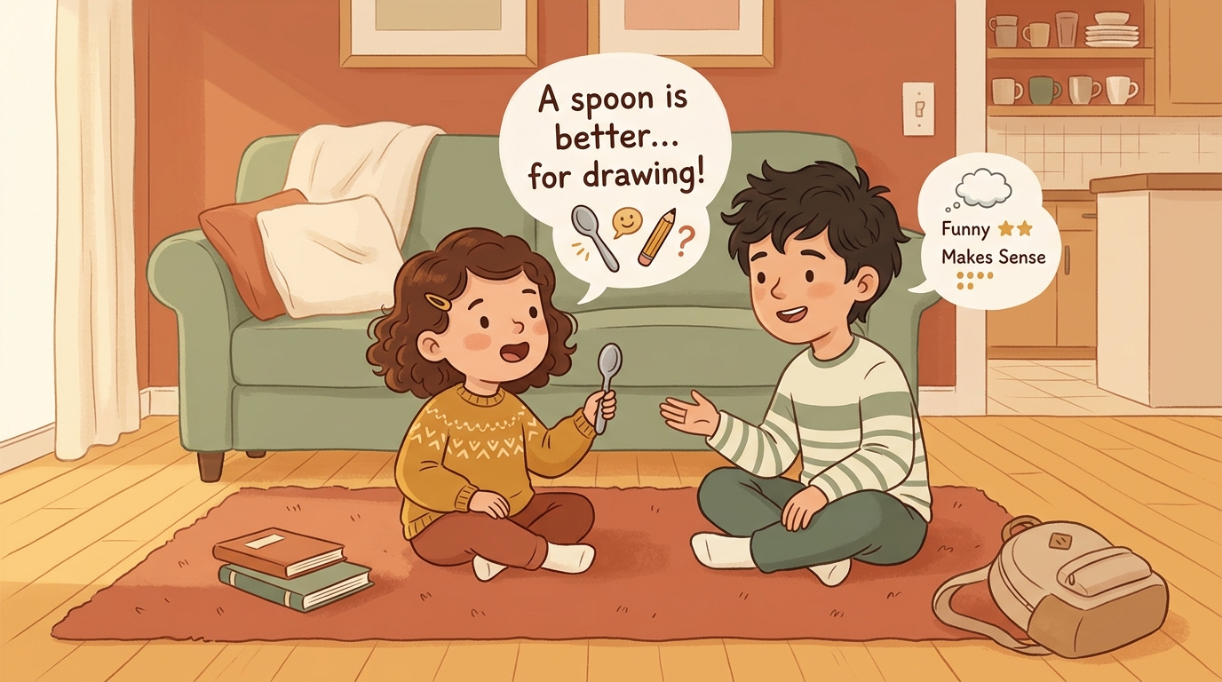 Cartoon illustration of a parent and child at home doing Worst Choice Wins.