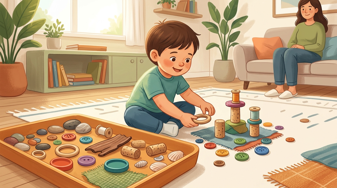 Cartoon illustration of a parent and child at home doing Loose Parts Invitation.