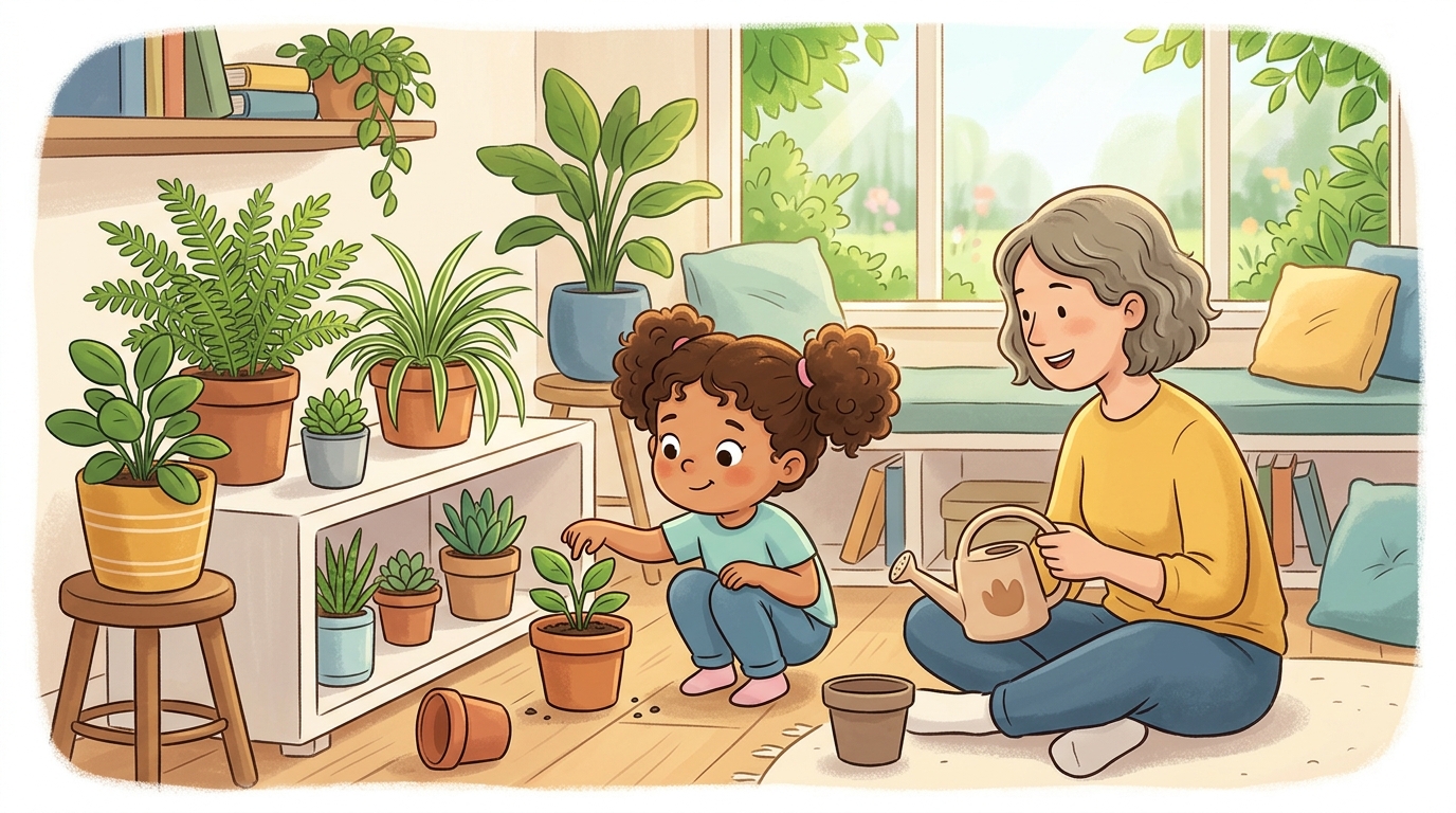 Cartoon illustration of a parent and child at home doing Plant Reporter.