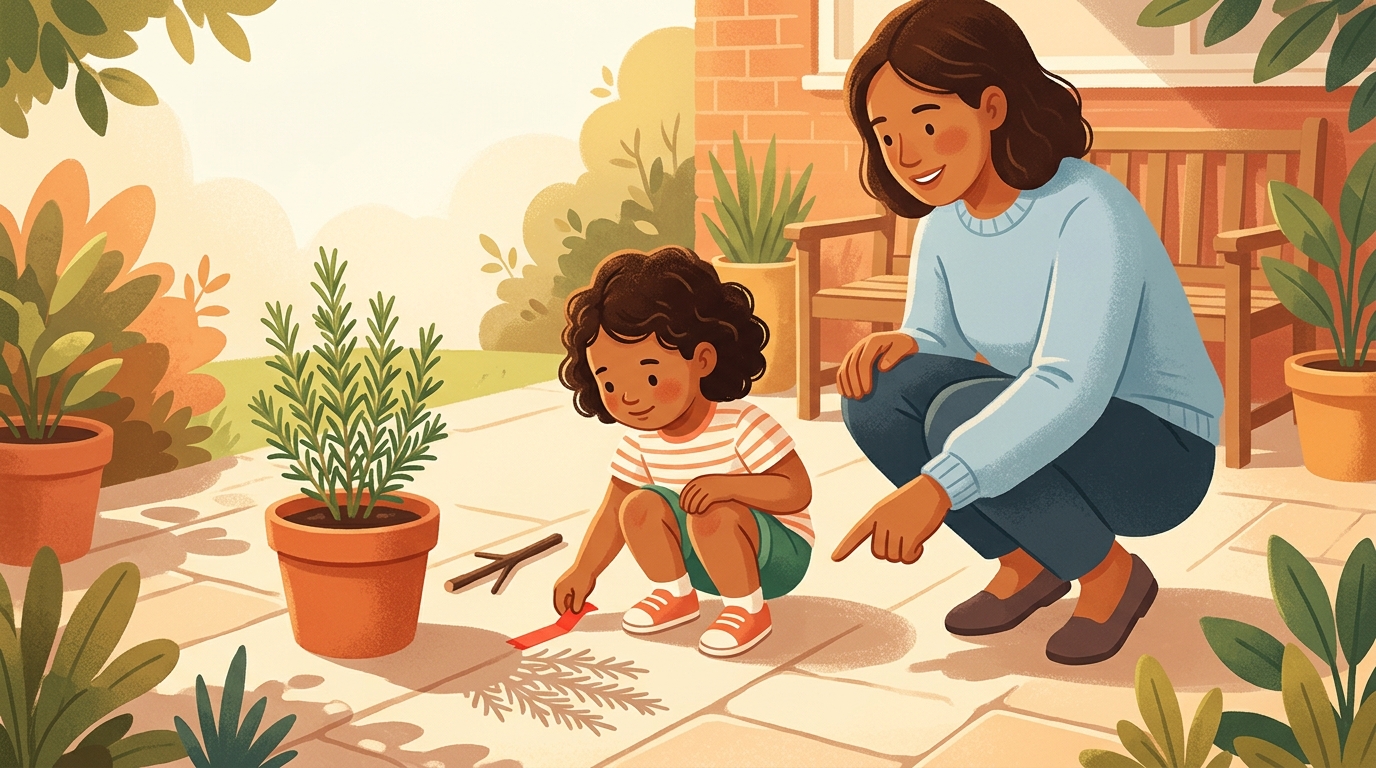Cartoon illustration of a parent and child outdoors doing Shadow Clock.