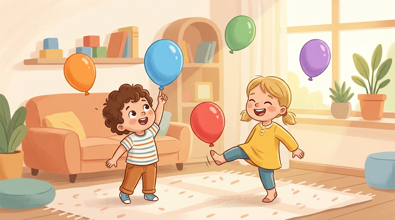 Cartoon illustration of a parent and child at home doing Balloon Keep-Up.
