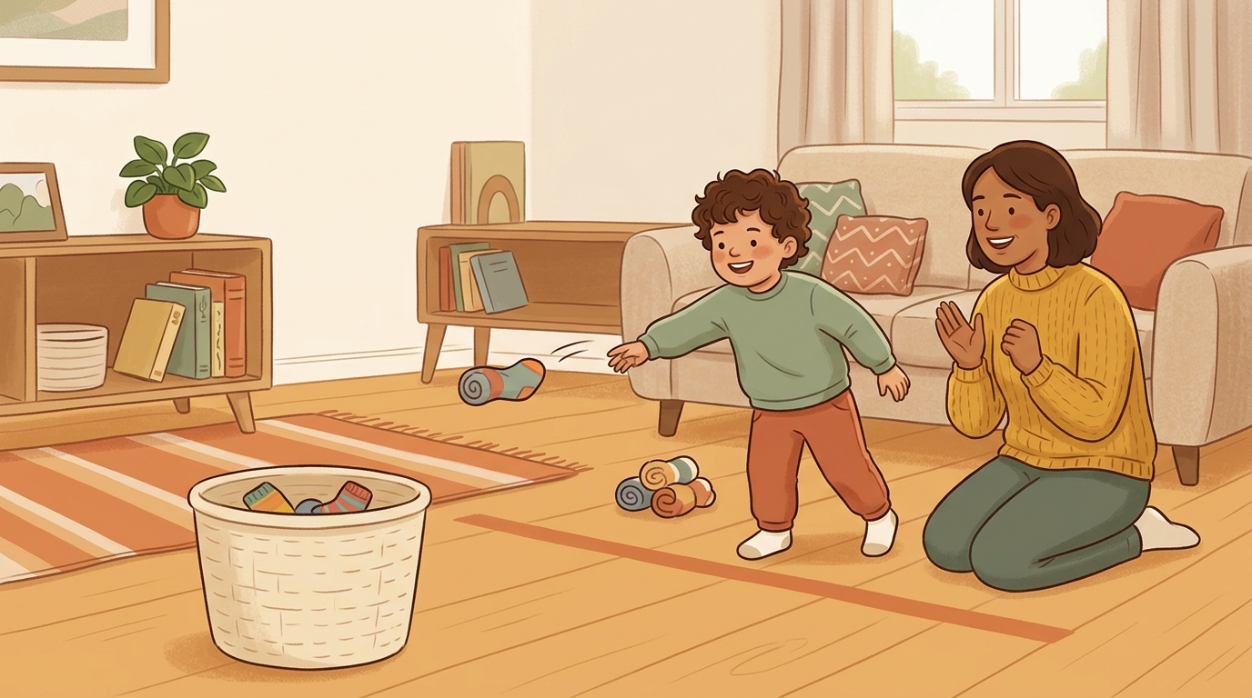 Cartoon illustration of a parent and child at home doing Sockball Target Ladder.