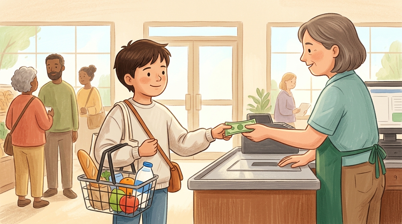Cartoon illustration of a parent and child at home doing Solo Grocery Run.