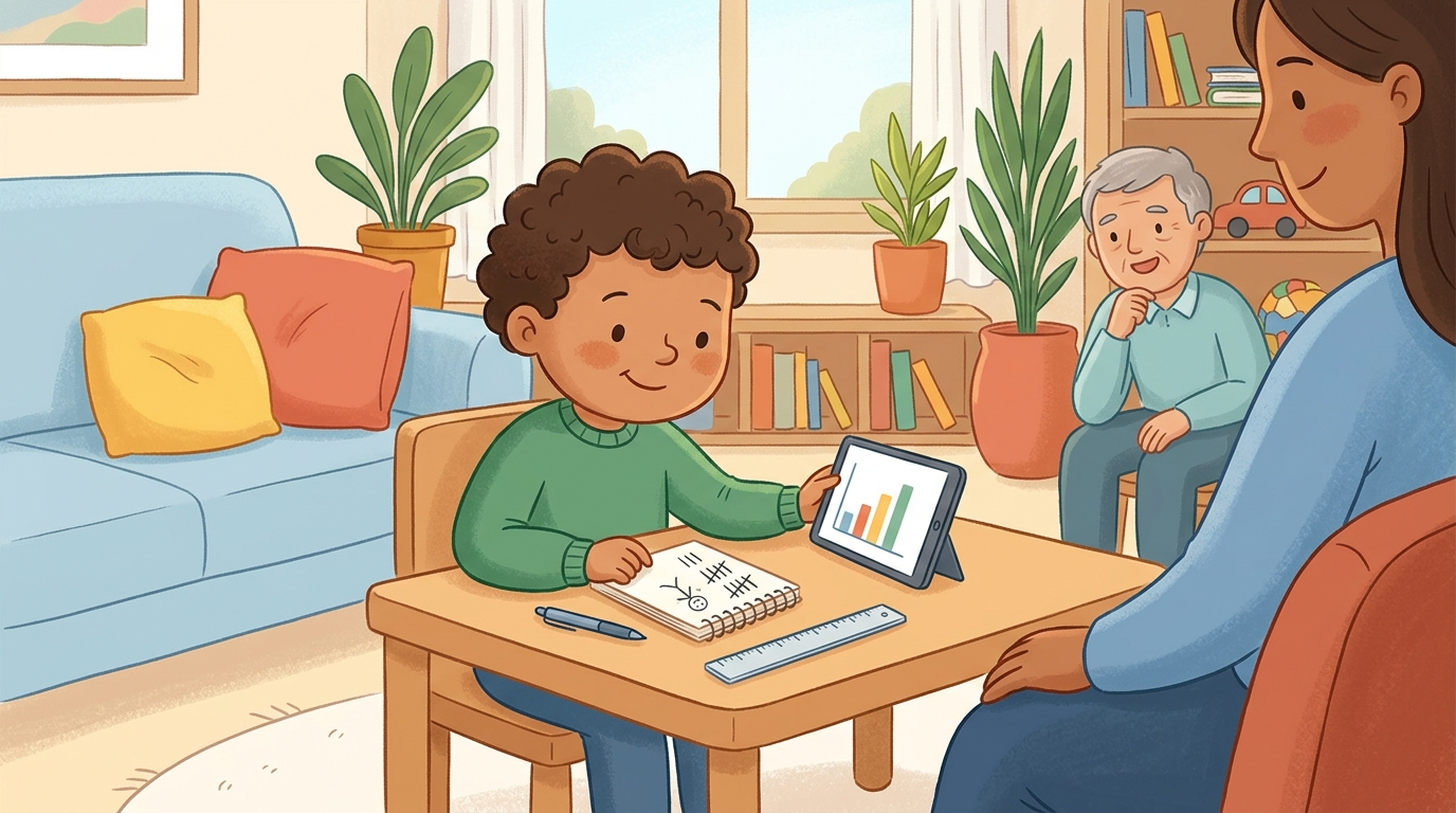 Cartoon illustration of a parent and child at home doing Mini Research Study.