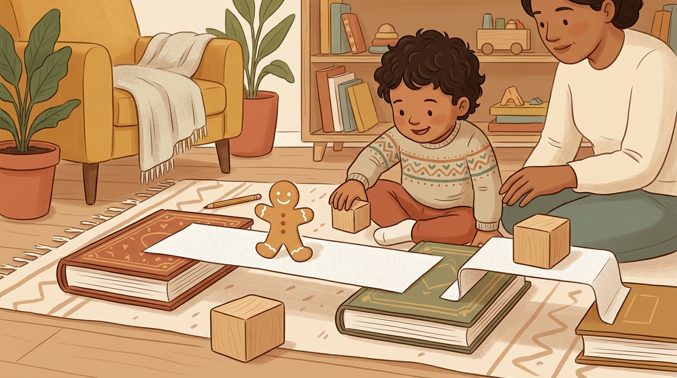 Cartoon illustration of a parent and child at home doing A Bridge For Gingerbread.