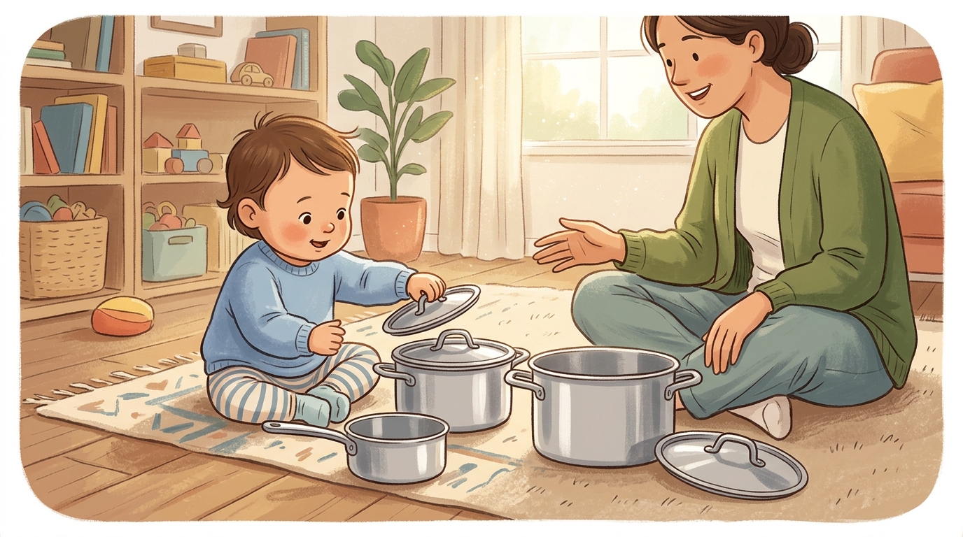 Cartoon illustration of a parent and child at home doing Lids to Pots Match.