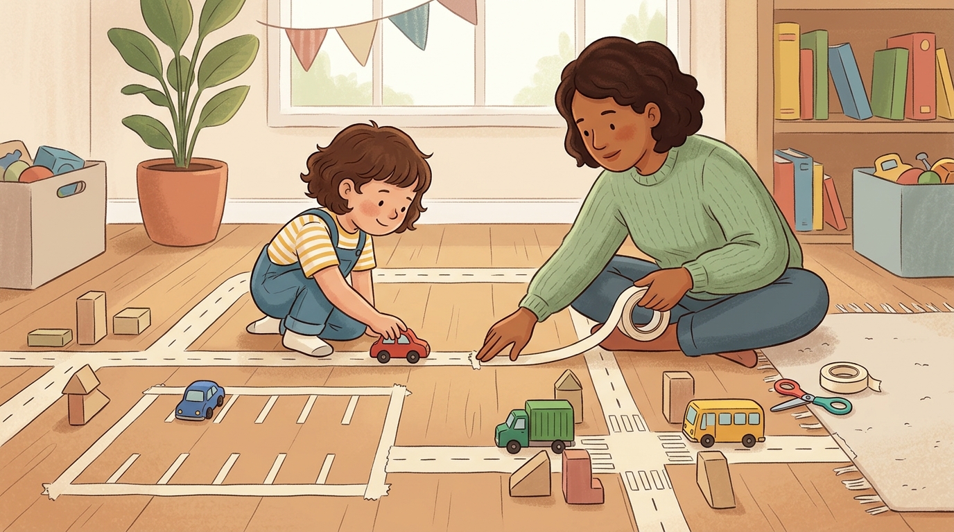 Cartoon illustration of a parent and child at home: use masking tape on the floor to build a city of roads, junctions, and car parks.