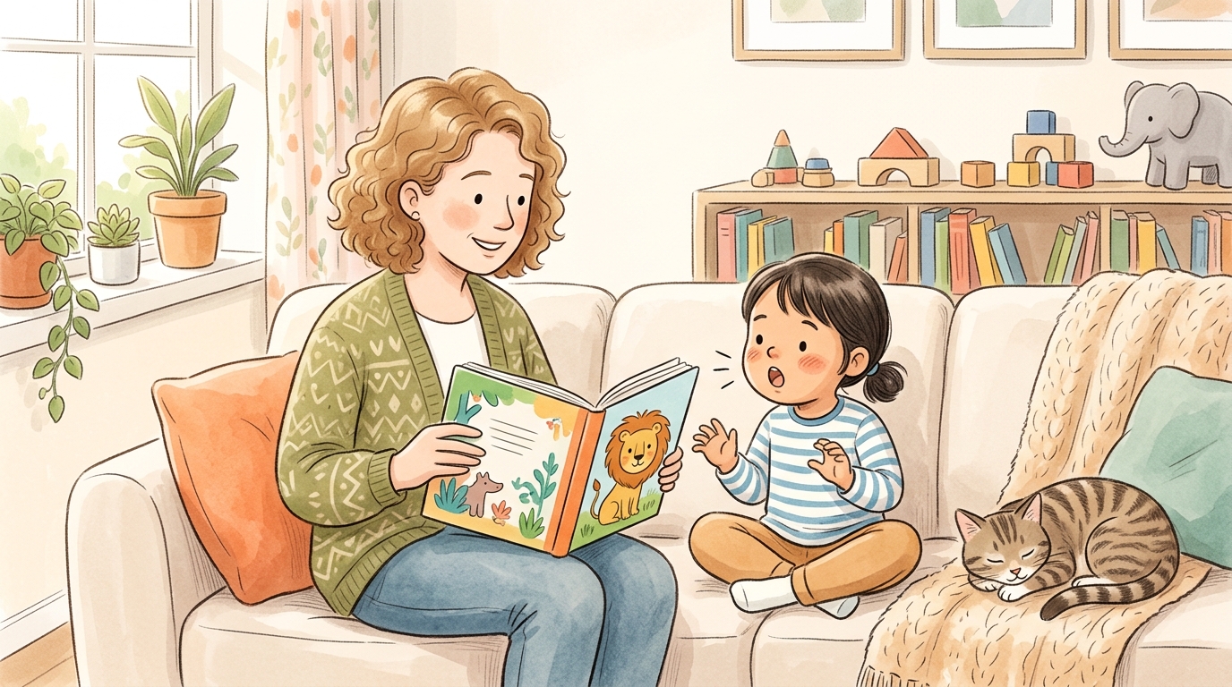 Cartoon illustration of a parent and child at home doing Picture Book Sound Effects.