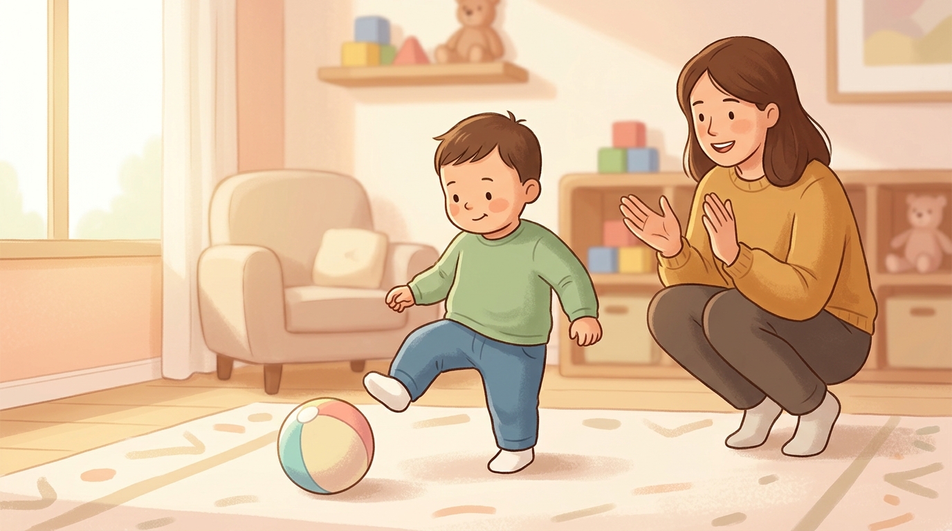 Cartoon illustration of a parent and child at home doing First Ball Kick.