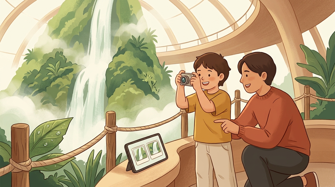 Cartoon illustration of a parent and child at home doing Two Views One Waterfall.