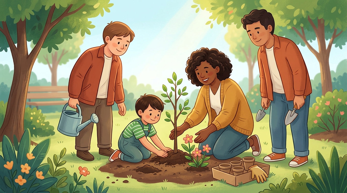 Cartoon illustration of a parent and child at home doing Plan a Good Deed Project.