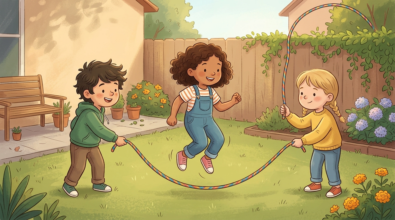 Cartoon illustration of a parent and child at home doing Jump Rope Rhymes.