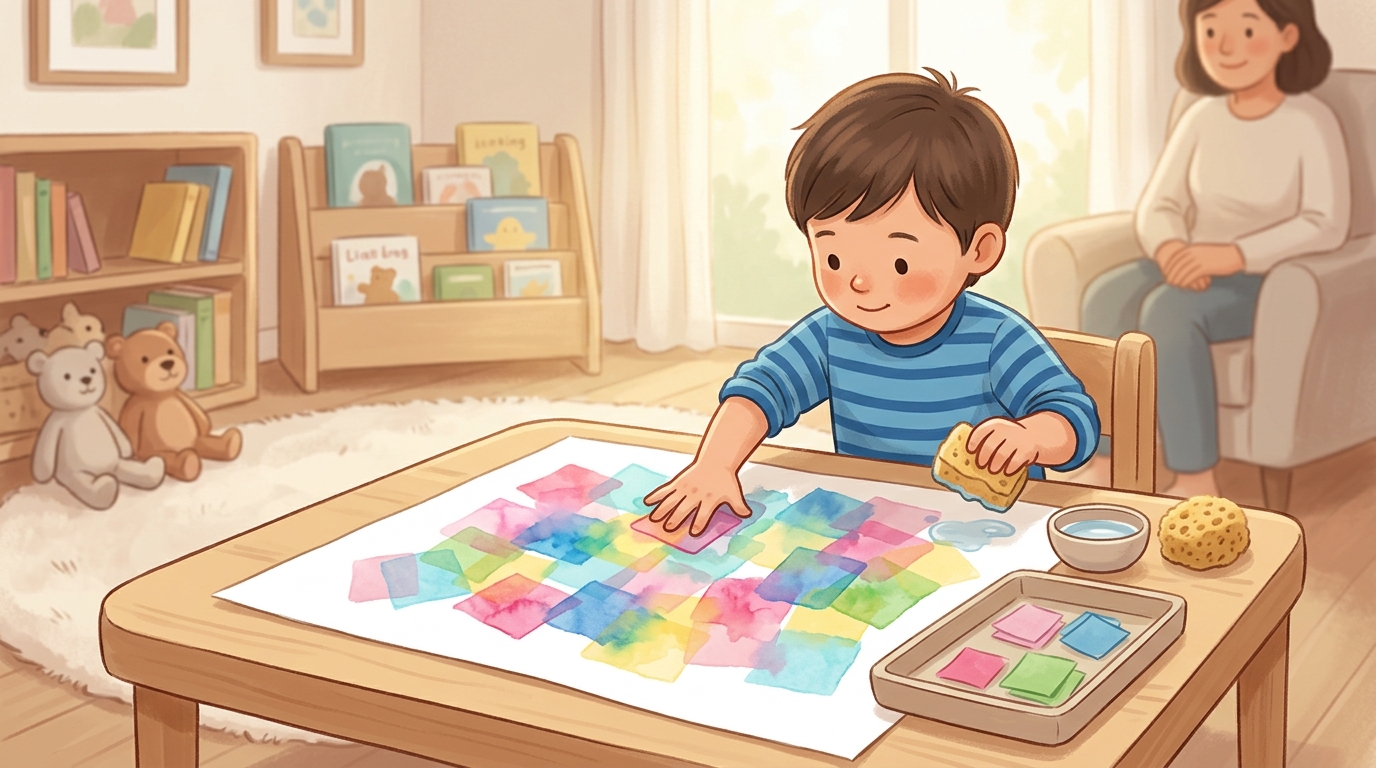 Cartoon illustration of a parent and child at home: dampen squares of tissue paper in different colours and press them onto white paper.