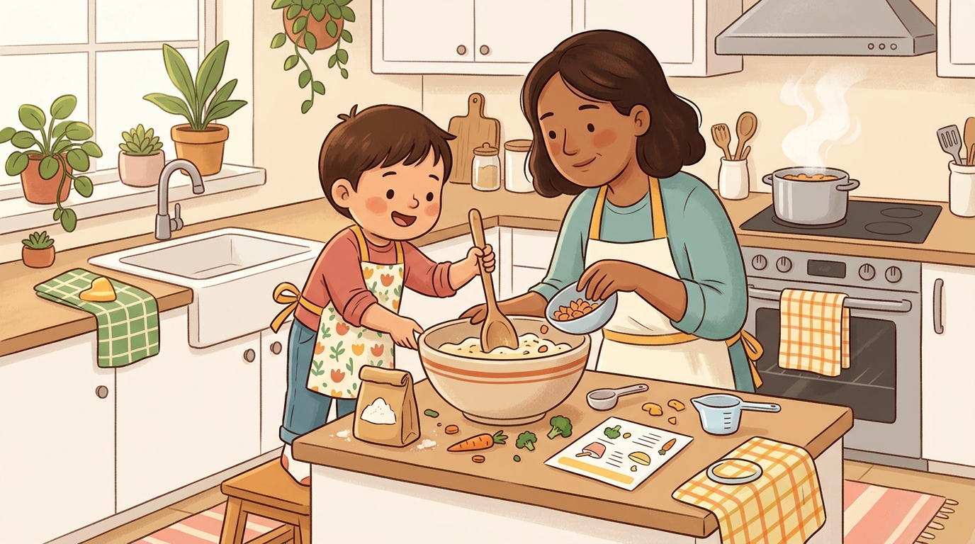 Cartoon illustration of a parent and child at home doing Cook a Full Dish.
