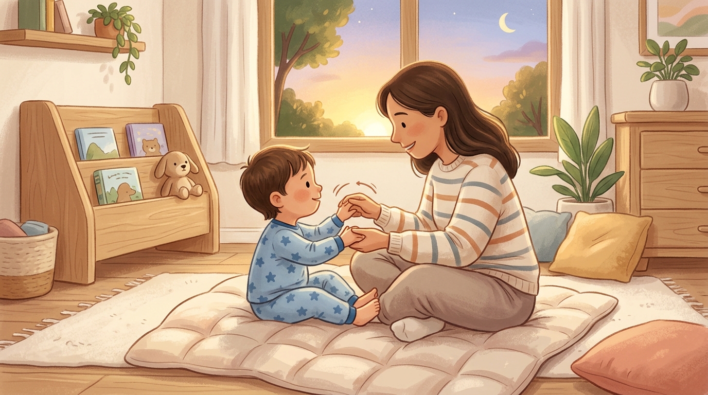 Cartoon illustration of a parent and child at home doing Goodnight Full Circle.