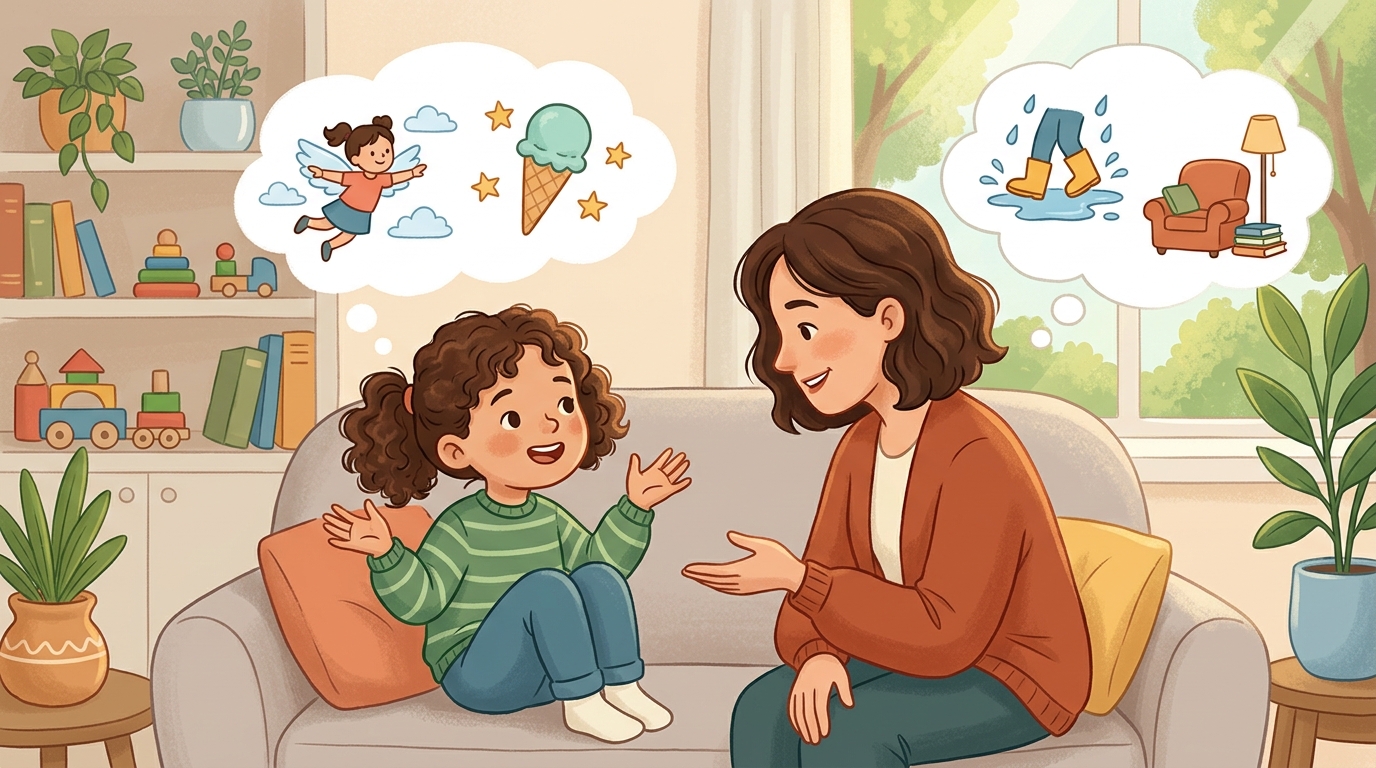 Cartoon illustration of a parent and child at home doing Would You Rather Rounds.