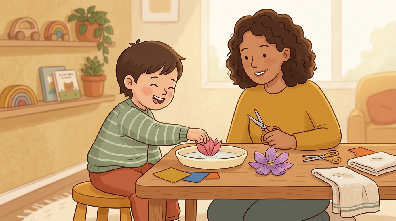 Cartoon illustration of a parent and child at home doing Paper Flower Bloom Test.
