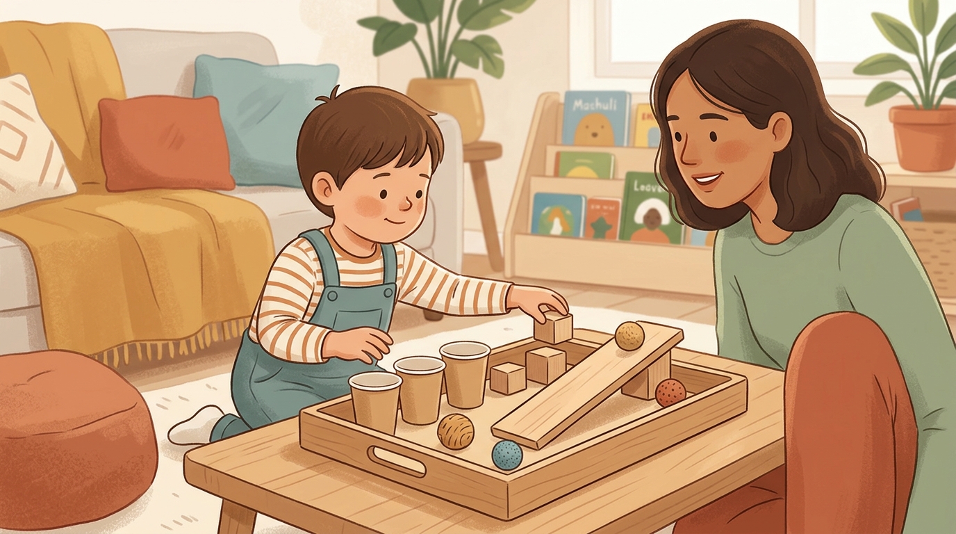 Cartoon illustration of a parent and child at home doing Wonder Question Provocation.