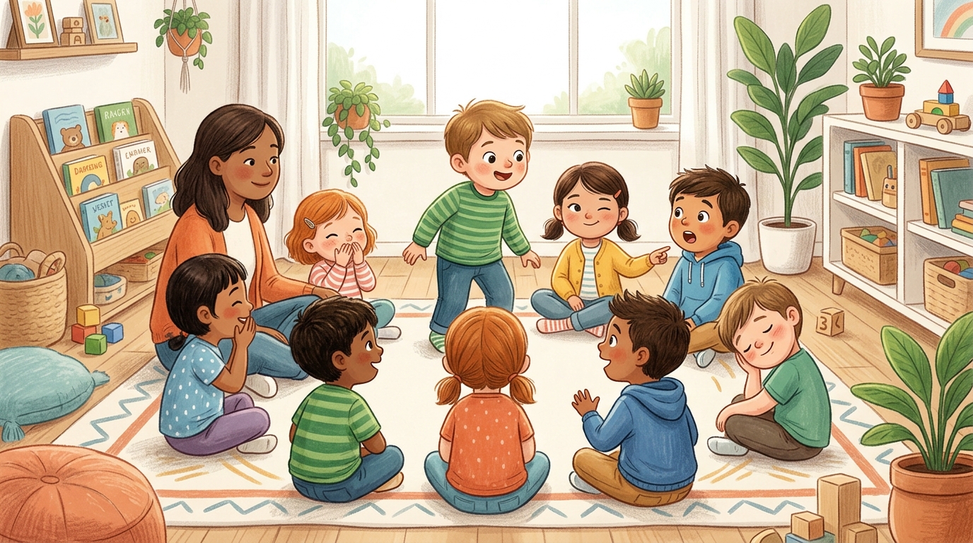 Cartoon illustration of a parent and child at home doing Wink Detective.