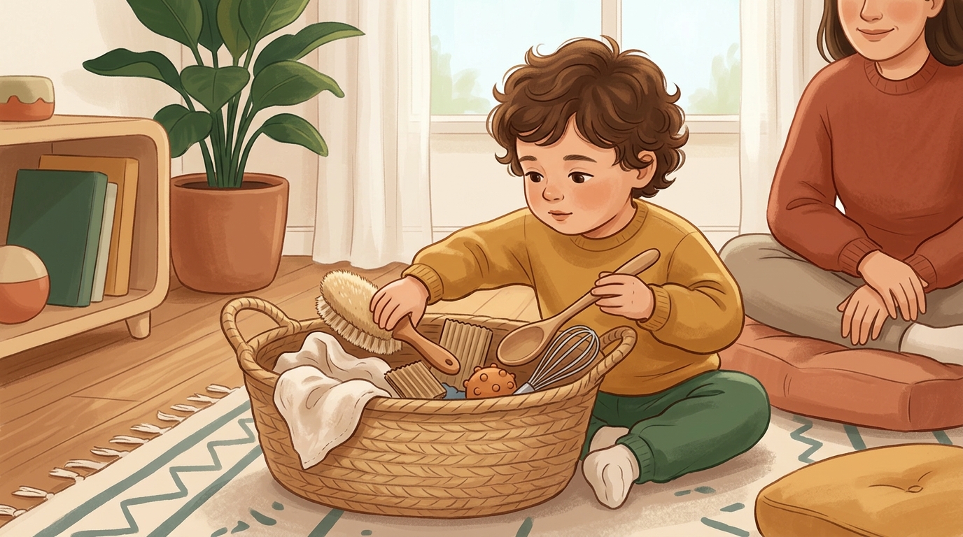 Cartoon illustration of a parent and child at home doing Texture Basket.