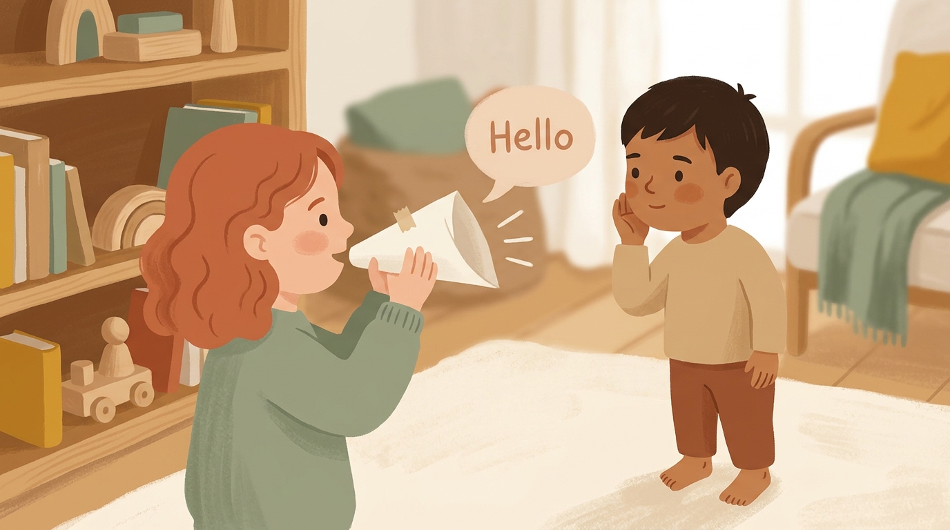 Cartoon illustration of a parent and child at home doing Paper Voice Cone.
