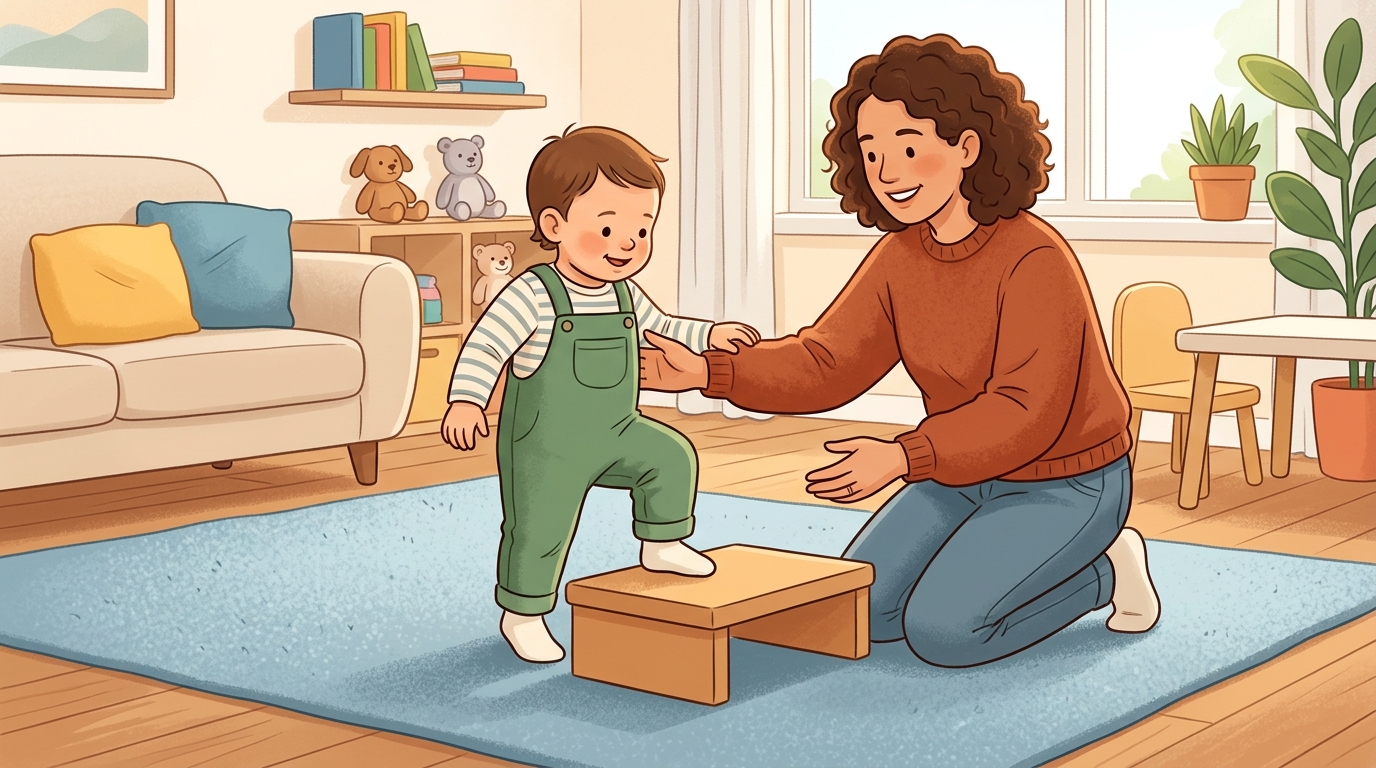 Cartoon illustration of a parent and child at home doing Up and Down Step Practice.
