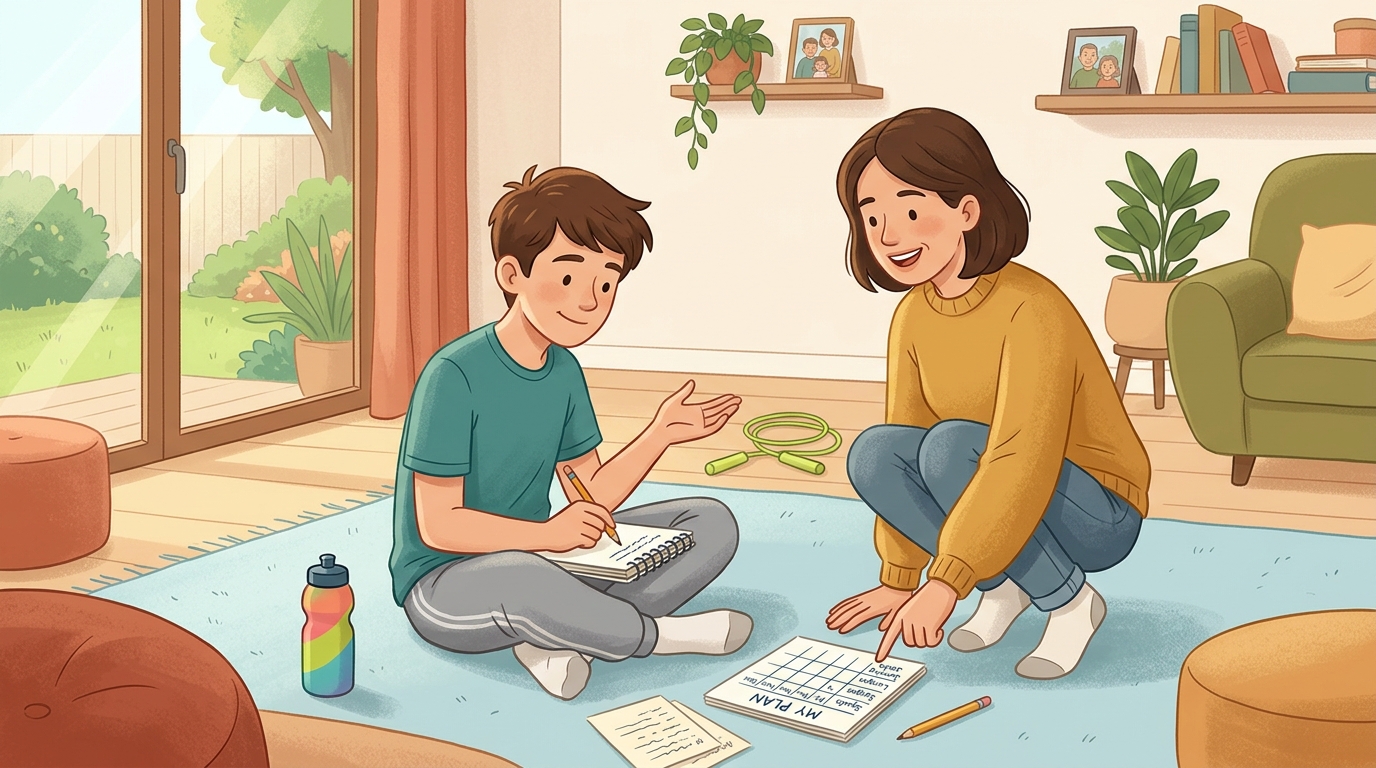 Cartoon illustration of a parent and child at home doing Design Your Own Workout Plan.