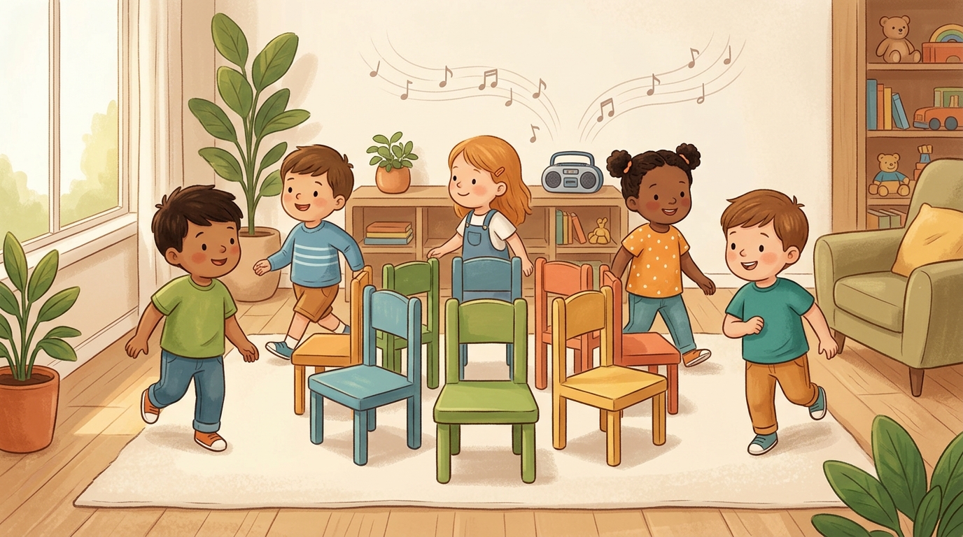 Cartoon illustration of a parent and child at home doing Musical Chairs.