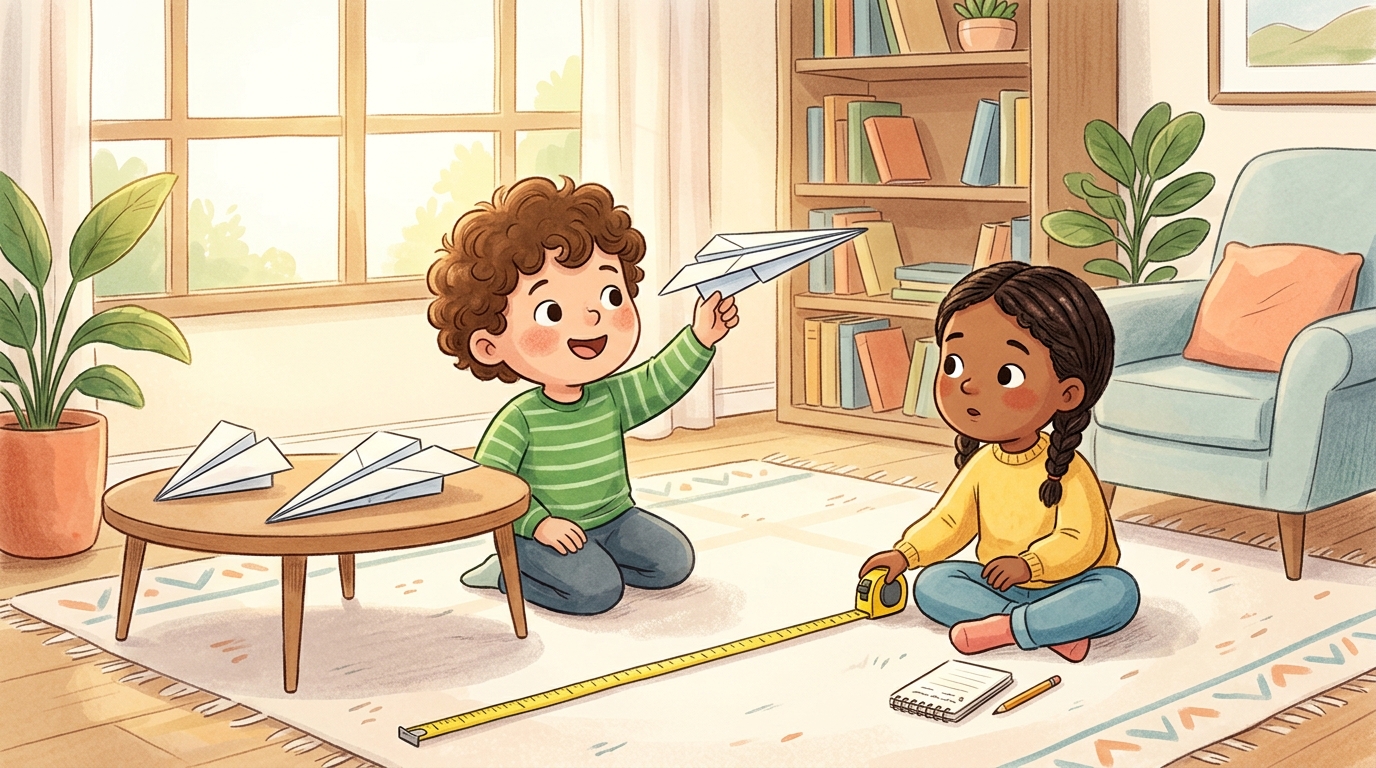 Cartoon illustration of a parent and child at home doing Fair Test Experiment.