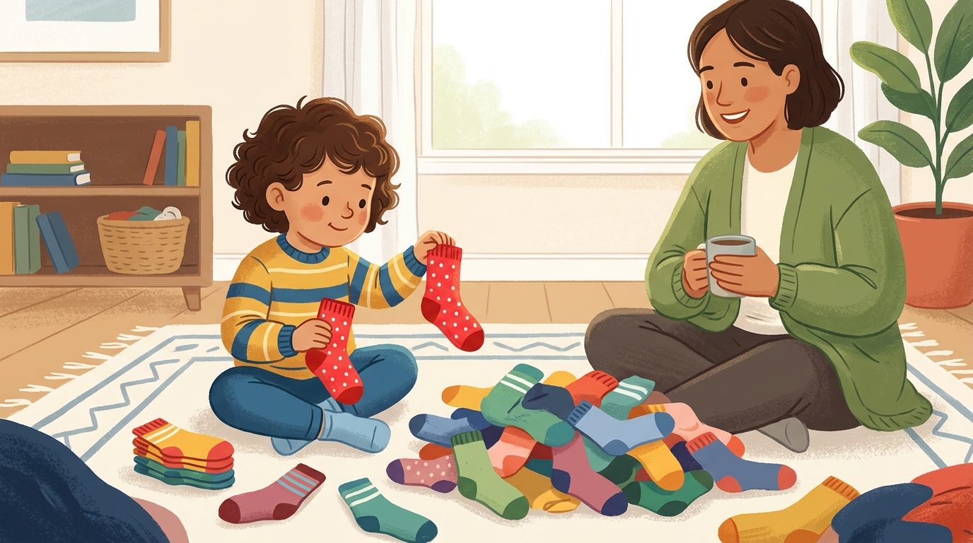 Cartoon illustration of a parent and child at home: pile of clean unpaired socks on the floor.