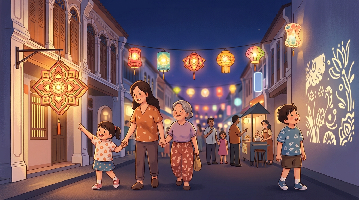 Cartoon illustration of a family at Phuket Old Town, Phuket.
