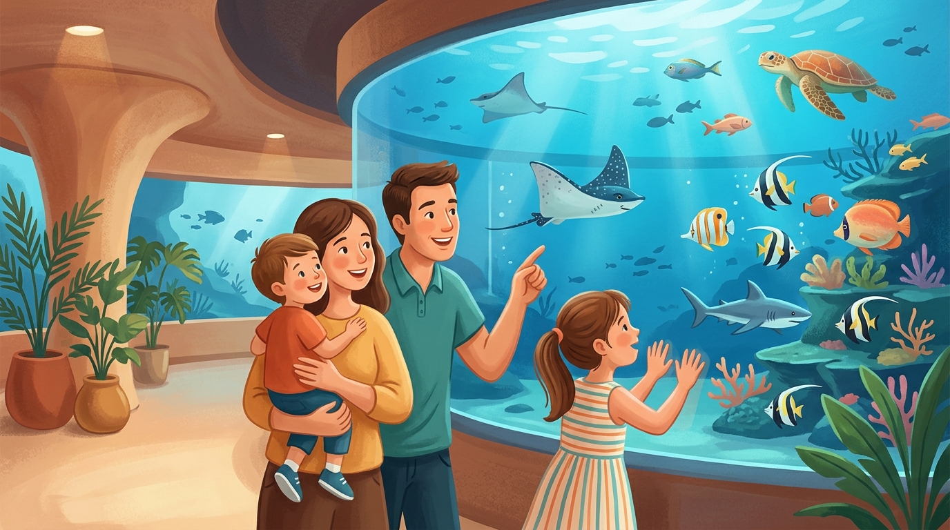 Cartoon illustration of a family at Cebu Ocean Park, Cebu City.