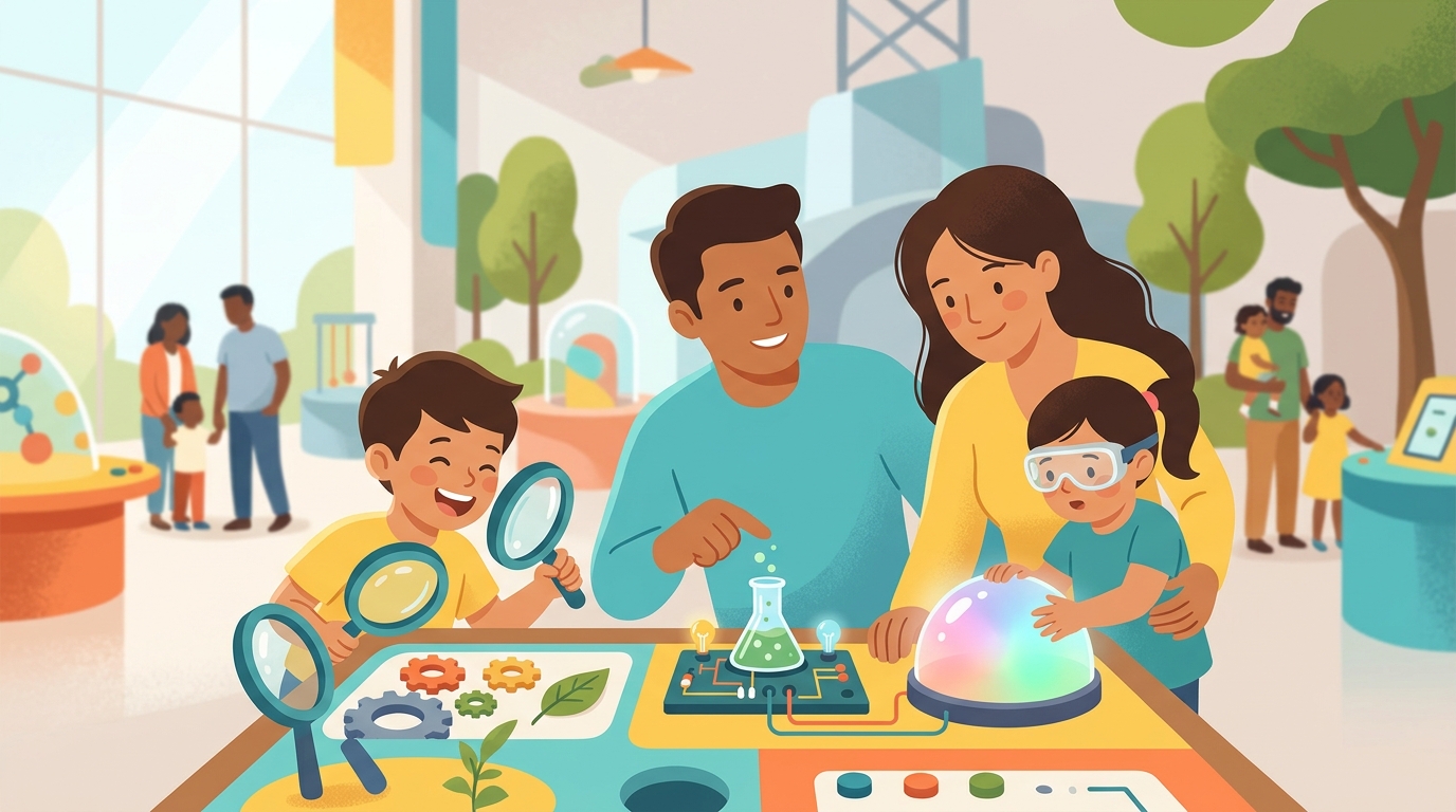 Cartoon illustration of a family at The Mind Museum, Taguig.
