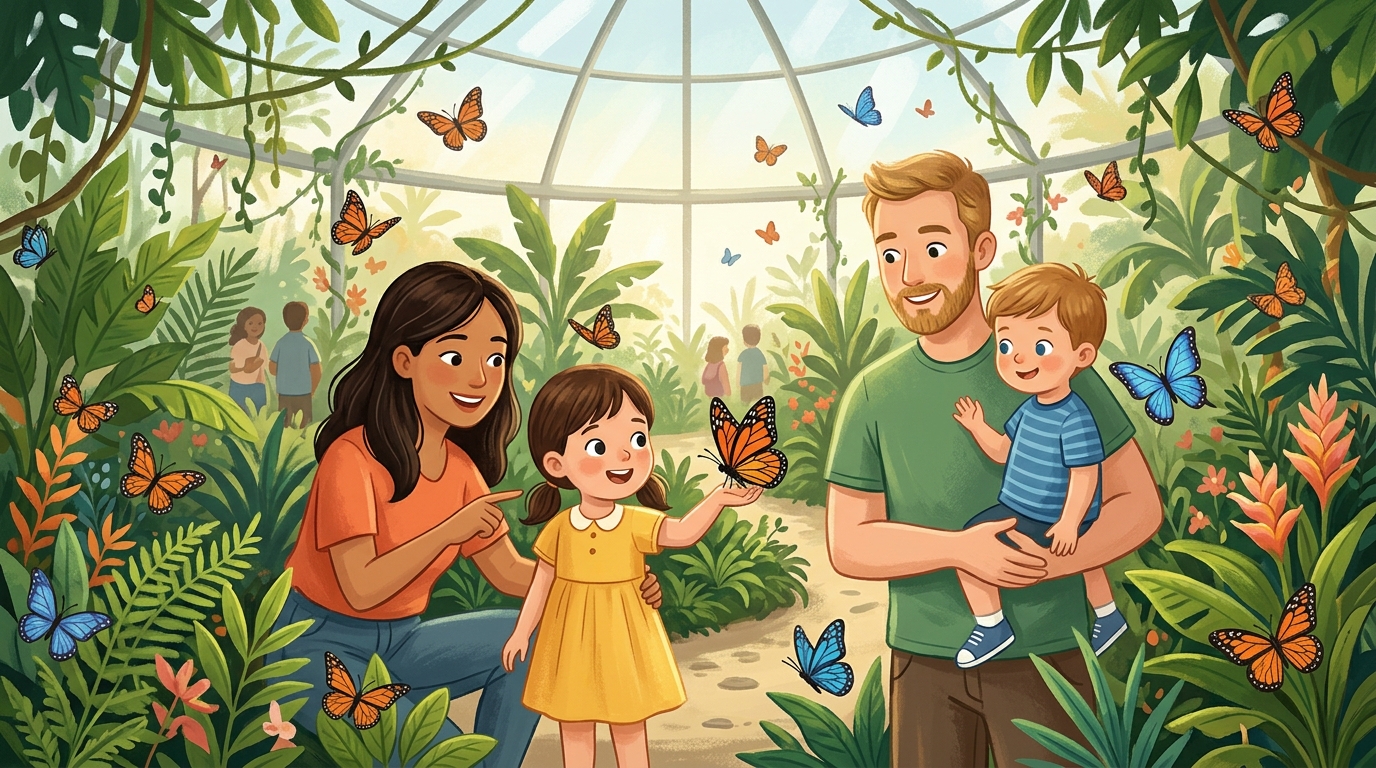 Cartoon illustration of a family at Entopia by Penang Butterfly Farm: butterflies, insects and hands-on nature discovery in Penang.