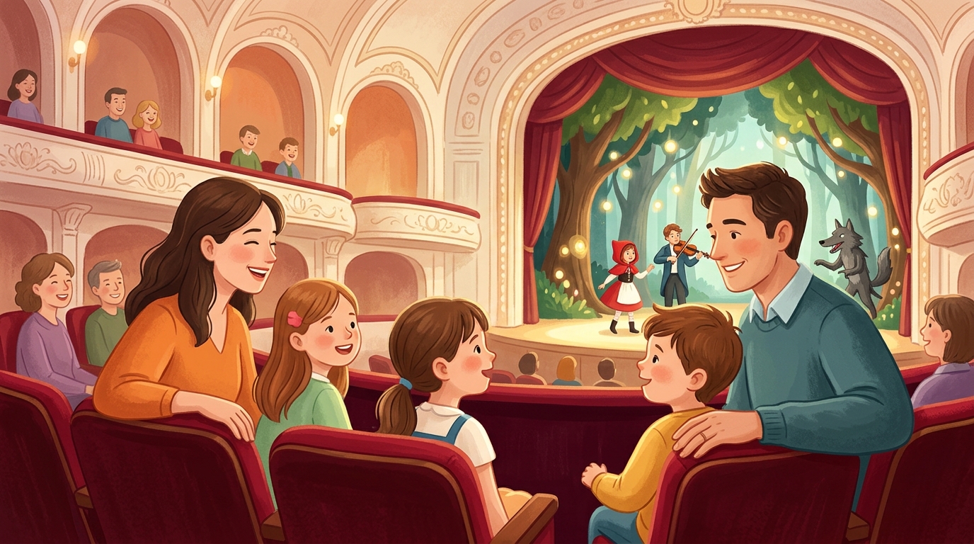 Cartoon illustration of a family at Victoria Concert Hall: A music-and-theatre retelling of Little Red Riding Hood for ages 5 and above.