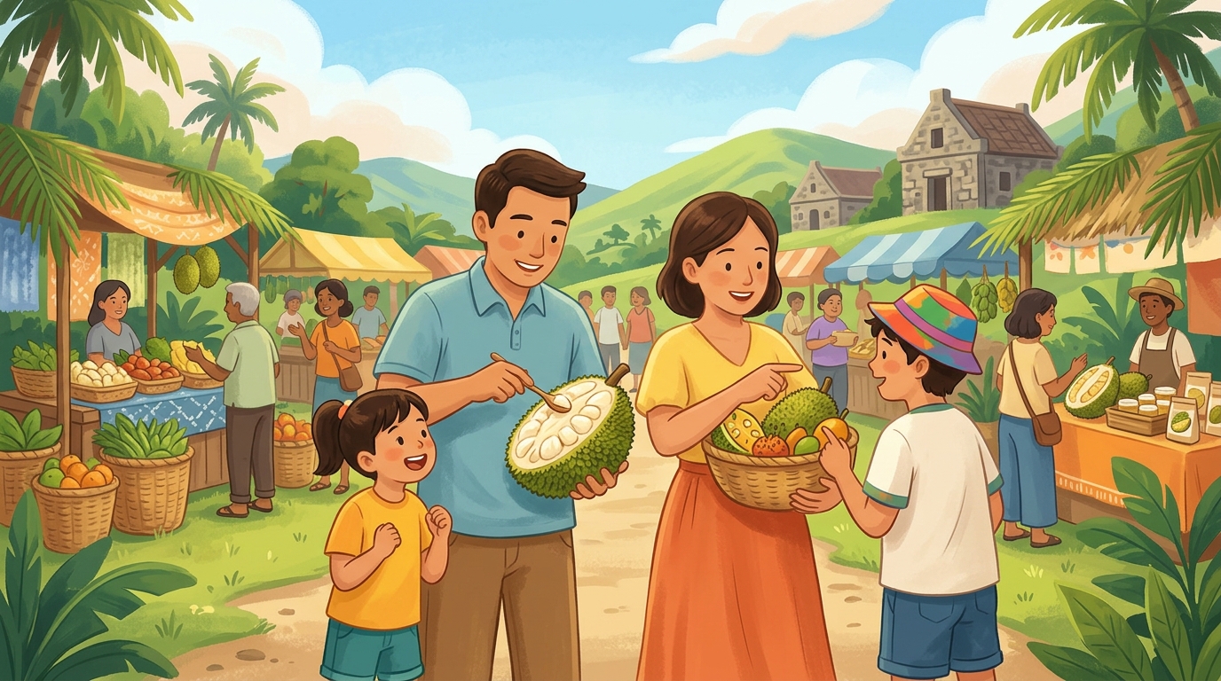 Cartoon illustration of a family at Basco: a local harvest celebration centred on marang fruit and community culture.