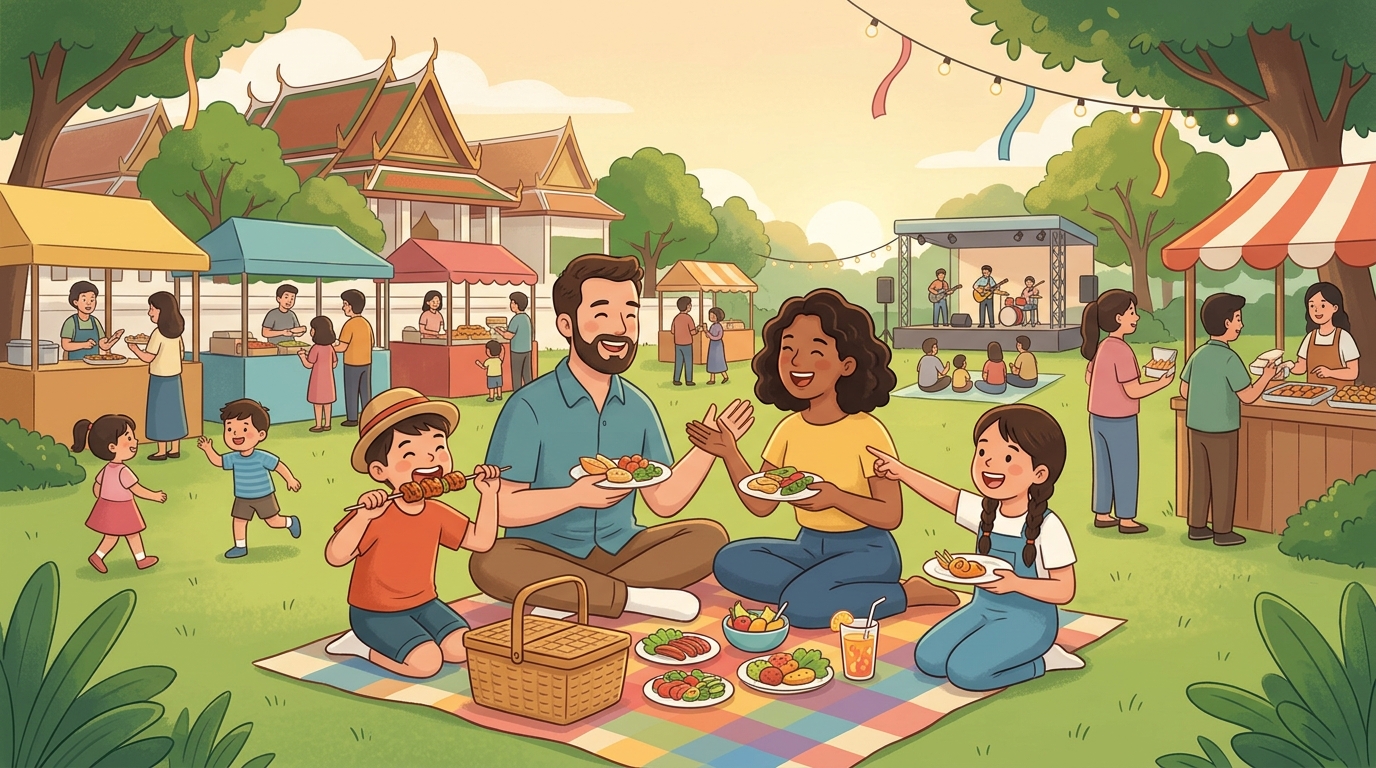 Cartoon illustration of a family at Chan Royal Palace, Phitsanulok.