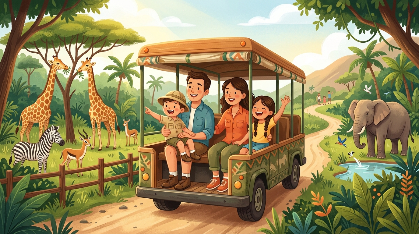 Cartoon illustration of a family at Taman Safari Bali: a daytime wildlife safari and conservation experience in Bali.