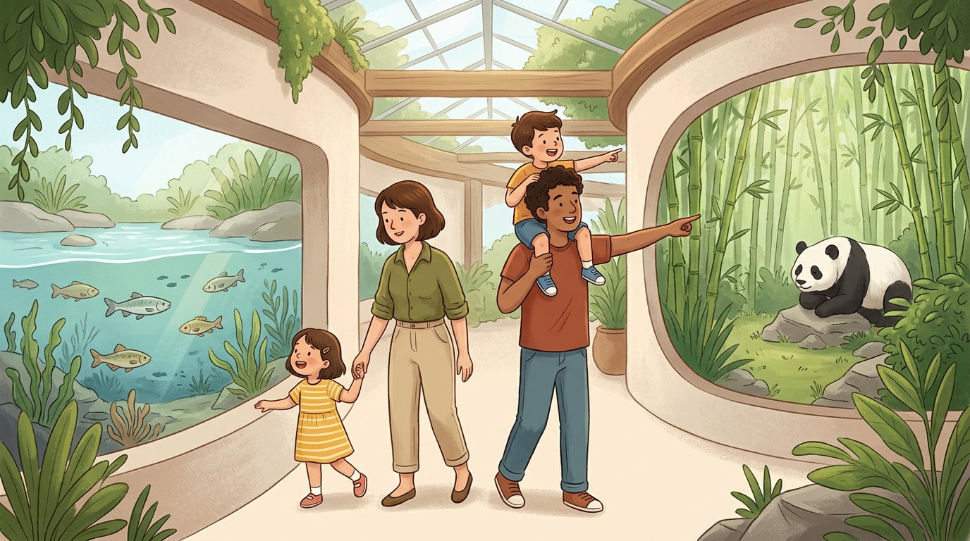 Cartoon illustration of a family at River Wonders, Singapore.