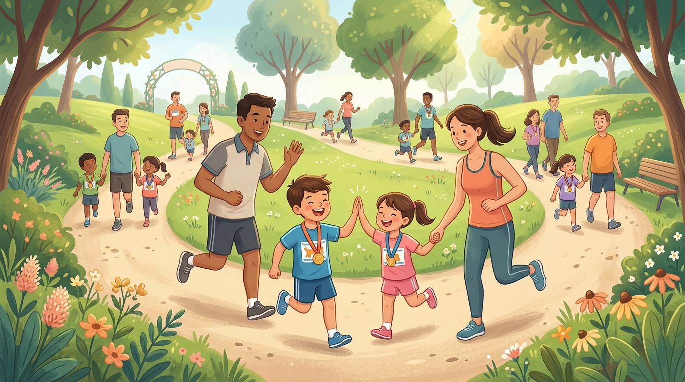 Cartoon illustration of a family at Clasico Lifestyle Park: A 3 km kids' fun run for children aged 5 to 12.