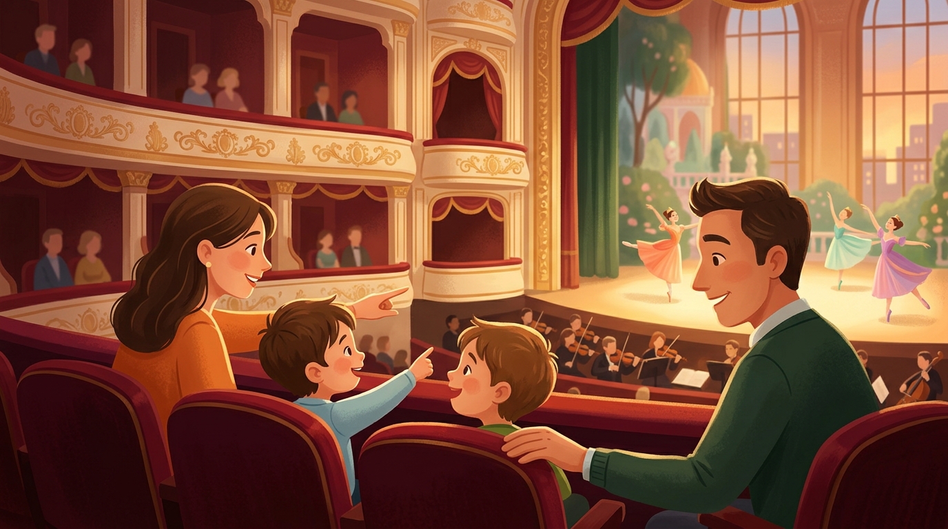 Cartoon illustration of a family at Main Hall, Thailand Cultural Centre: An all-ages Cinderella ballet with live orchestra and bilingual on-screen story guidance.