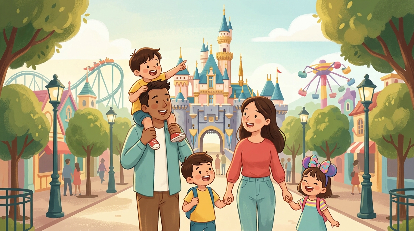 Cartoon illustration of a family at Hong Kong Disneyland: disney rides, characters and live family entertainment.