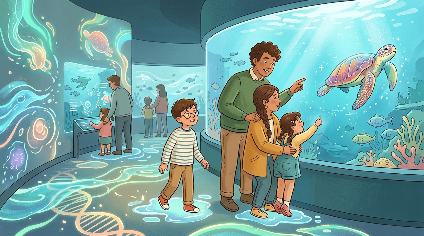 Cartoon illustration of a family at Manila Ocean Park: a combined marine-life and immersive digital-art experience for families.