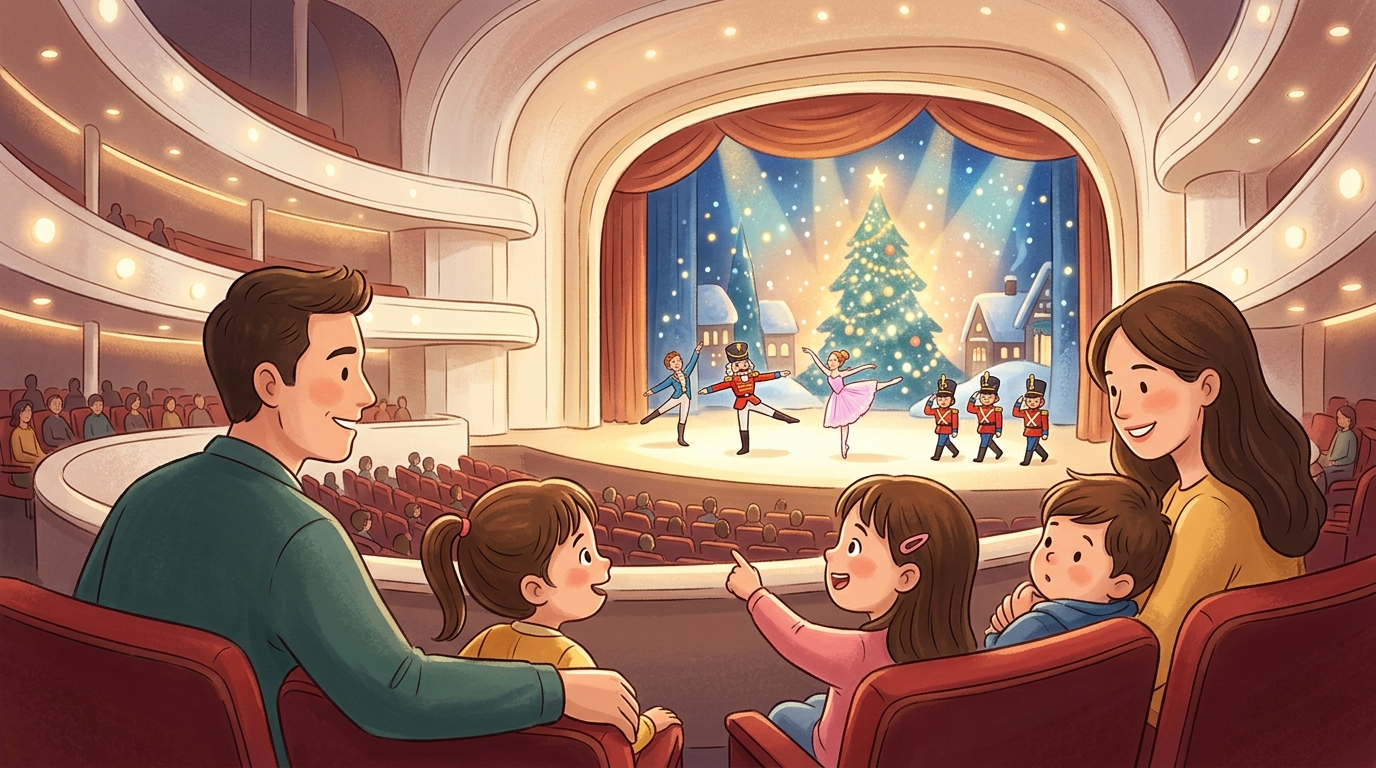 Cartoon illustration of a family at Esplanade Concert Hall: A child-friendly one-hour introduction to The Nutcracker ballet.