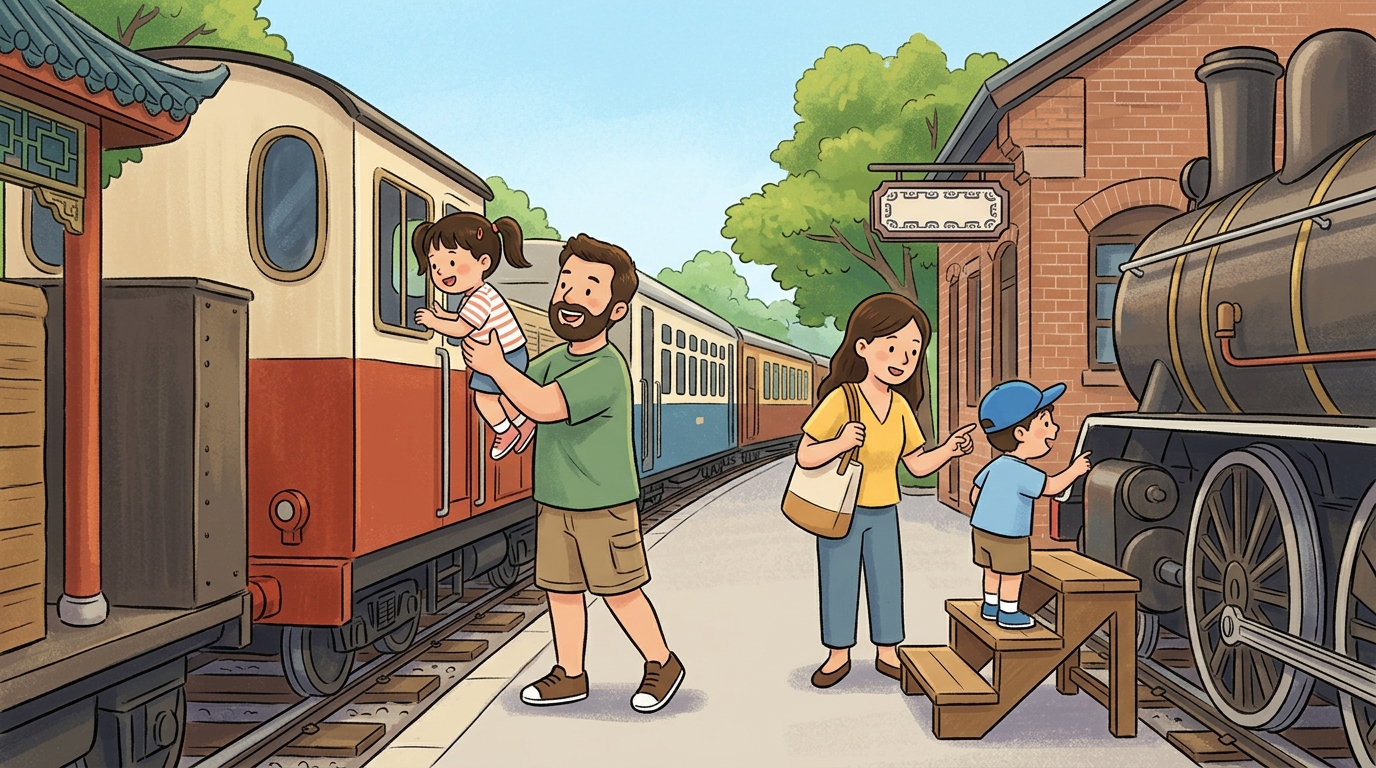 Cartoon illustration of a family at Hong Kong Railway Museum: historic trains and railway heritage in Tai Po.