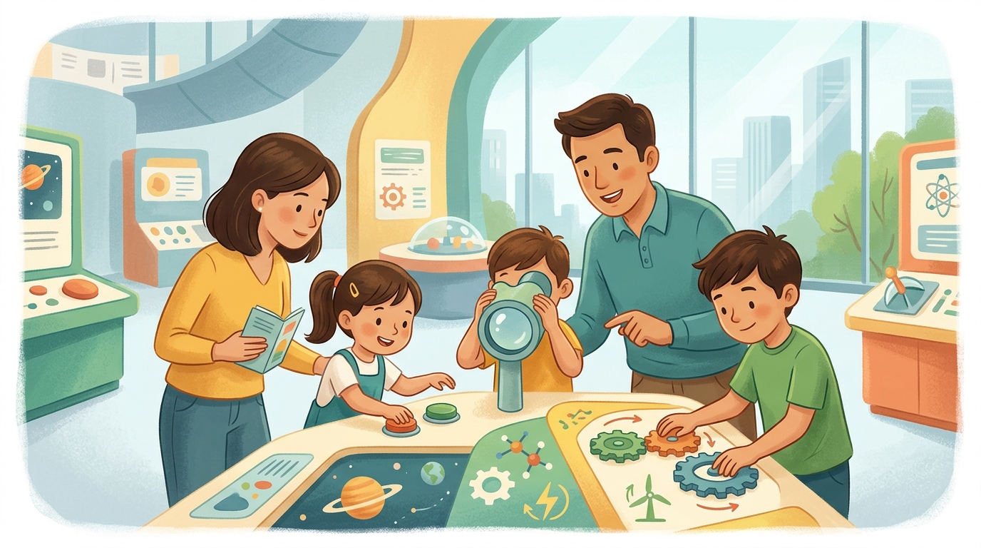 Cartoon illustration of a family at Petrosains, The Discovery Centre: interactive family science discovery inside Suria KLCC.